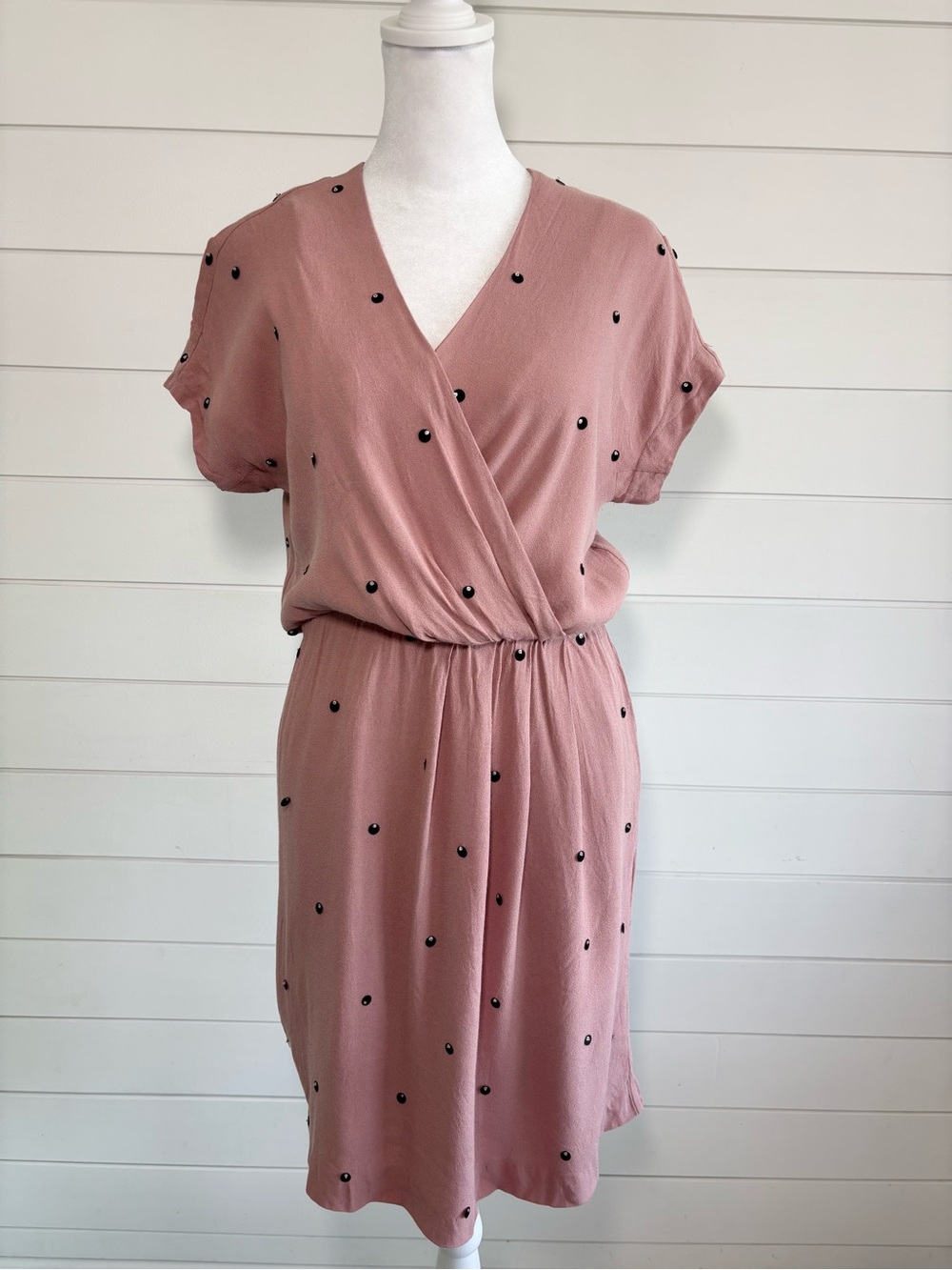 Boden Blush Pink Polka Dot Sequin Faux Wrap Dress Short Sleeve Size 6